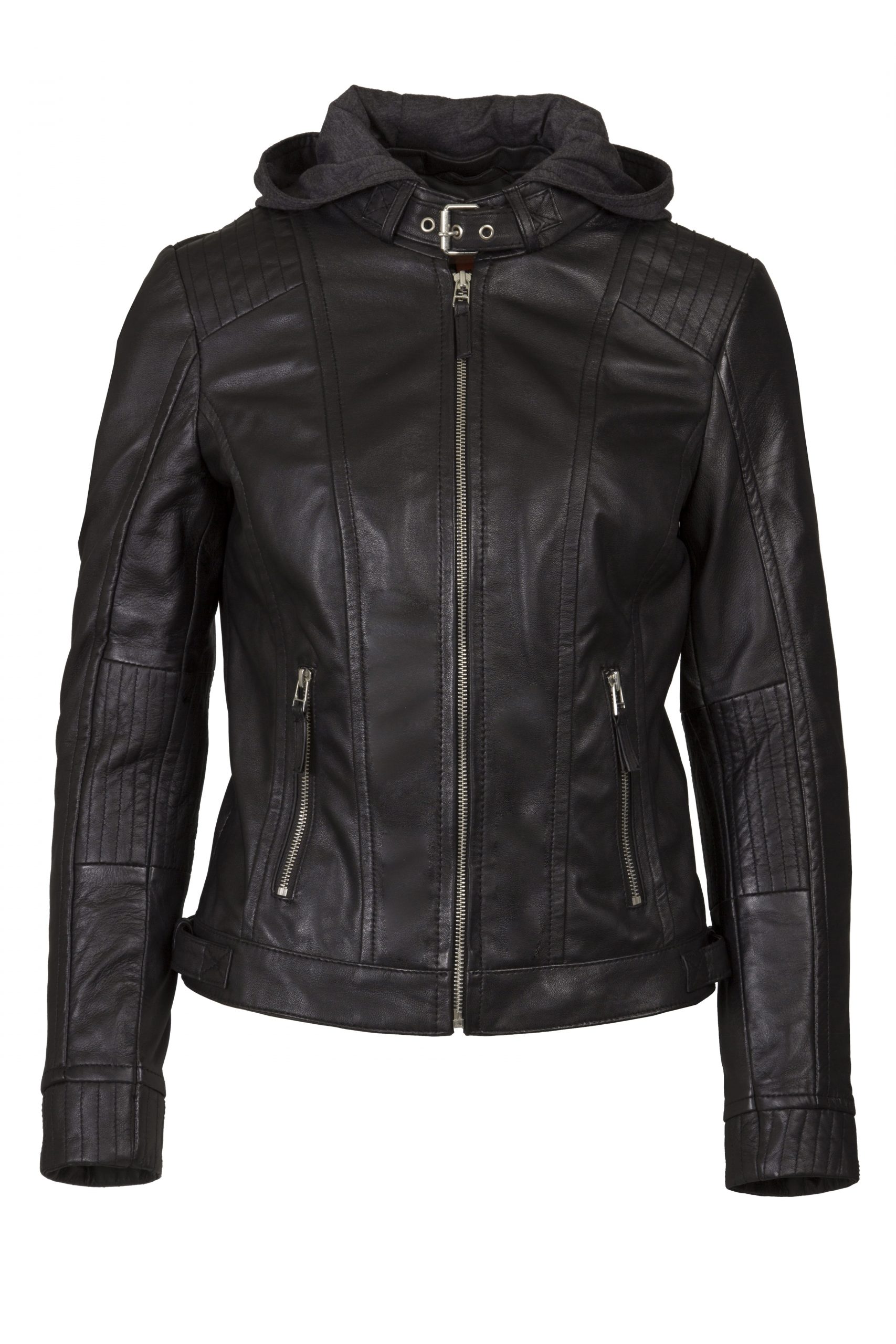 Women Real Leather Lamb Nappa Hood Biker Jacket Black – Helium Leather